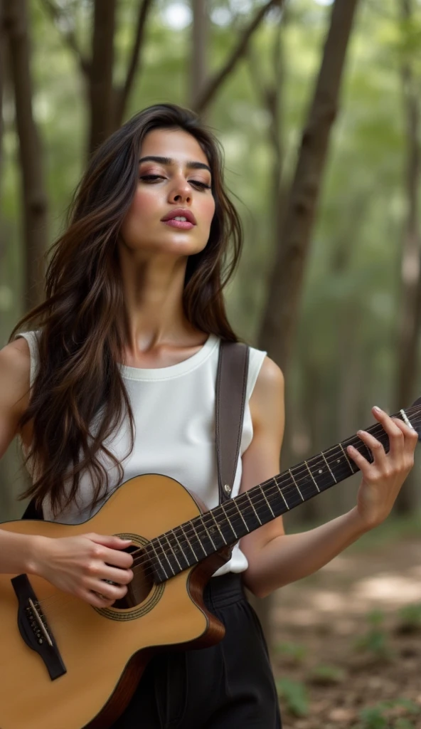 (best quality,highres,masterpiece:1.2),realistic,beautiful nature scenery with a detailed, vibrant Violão being played in the foreground. Sunlight filtering through the leaves of tall trees, casting warm and gentle rays onto the scene. The musician's fingers delicately strumming the strings, producing mesmerizing melodies that blend harmoniously with the sounds of chirping birds and rustling leaves. The Violão itself is exquisitely crafted, showcasing its intricate design and the smoothness of its polished wood. The deep tones emanating from the instrument fill the air, enveloping the surroundings with a serene atmosphere. The background features rolling hills, adorned with colorful wildflowers swaying gently in the breeze. The vibrant colors of nature complement the beauty of the music, creating a captivating fusion of sight and sound. The overall scene exudes a sense of tranquility and connection to the natural world, inviting the viewer to immerse themselves in the soothing melodies and peaceful ambiance.