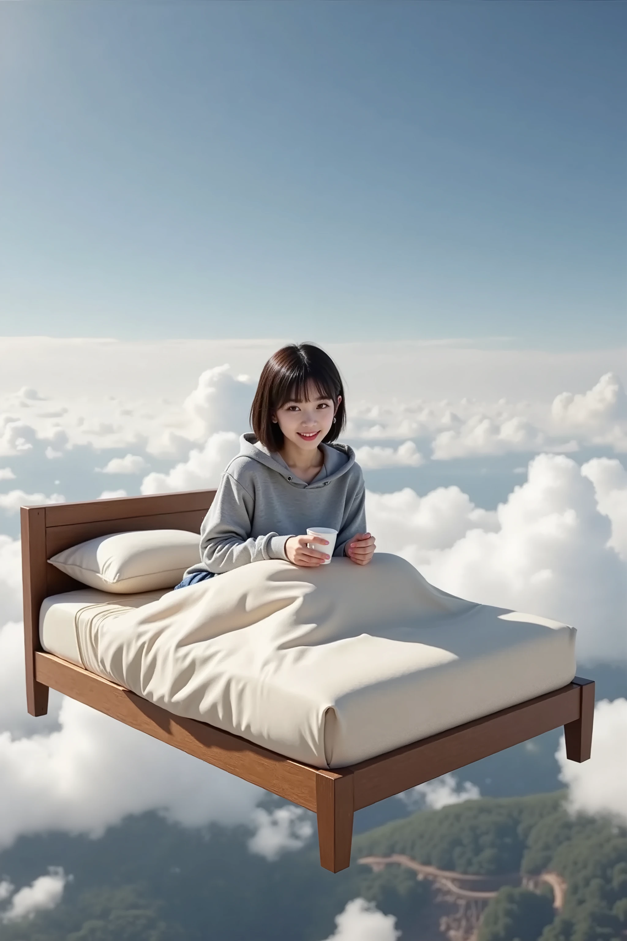 realistic,Realistic depiction,((Big flying bed)),fly through the sky,1 Japanese woman,((relax)),short shorthairs,((long slant eyes)),tight eyebrows,Foxy face,sweatshirt:hooded、oversized、gray,sweatshirtパンツ:gray,happy smiles,