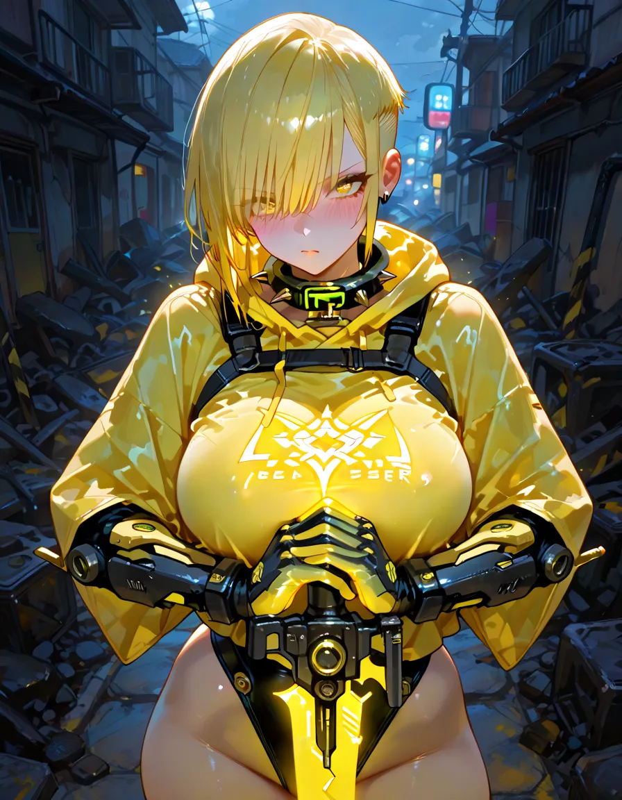 best quality, masterpiece, aesthetic, full-body dynamic pose high quality, 1girl punching, android, (yellow and black) upper armor, mechanical arms, short punk hair, black hair, white background, intense expression, looking at viewer, (simple background:1.4) a (giraffe pattern outfit) yellow and black outfit,sword,beautiful cyberpunk woman,cyberpunk angry gorgeous goddess,beautiful cyborg girl ,hyper realistic,intricate details,cinematic lighting,vibrant colors,award winning,stunning,masterpiece