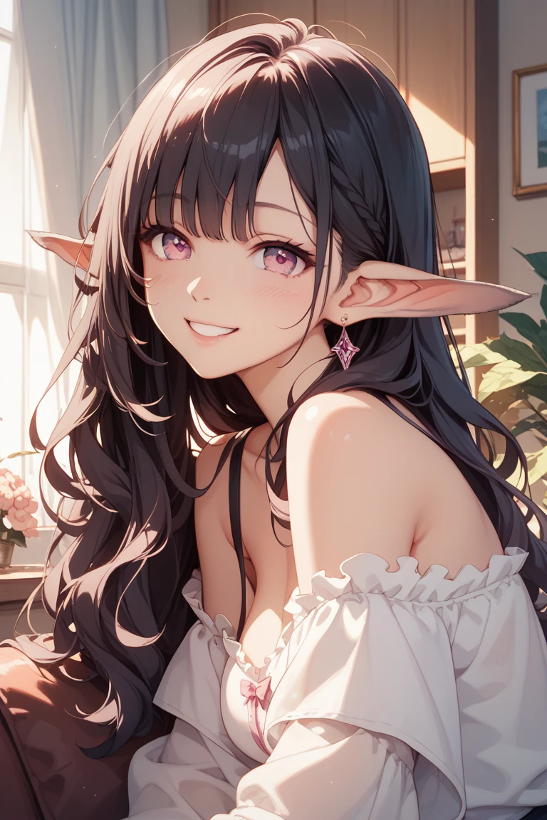 ((highest quality, best quality, masterpiece, ultra high definition, high dynamic range, ultra high resolution)), ((ultra-detailed illustrations:1.2)), 1 girl, solo, anime style, dynamic lighting, dynamic angle, looking at viewer, indoor, bedroom, on bed, (beautiful detailed face, beautiful detailed skin, shiny skin, pointed ears, mole under the eyes, mid-chest), (beautiful detailed hair, parted bangs, long hair, black hair, dark purple hair, multi colored hair), (beautiful detailed eyes, beautiful detailed pupils, violet eyes), (white dress, short sleeves)