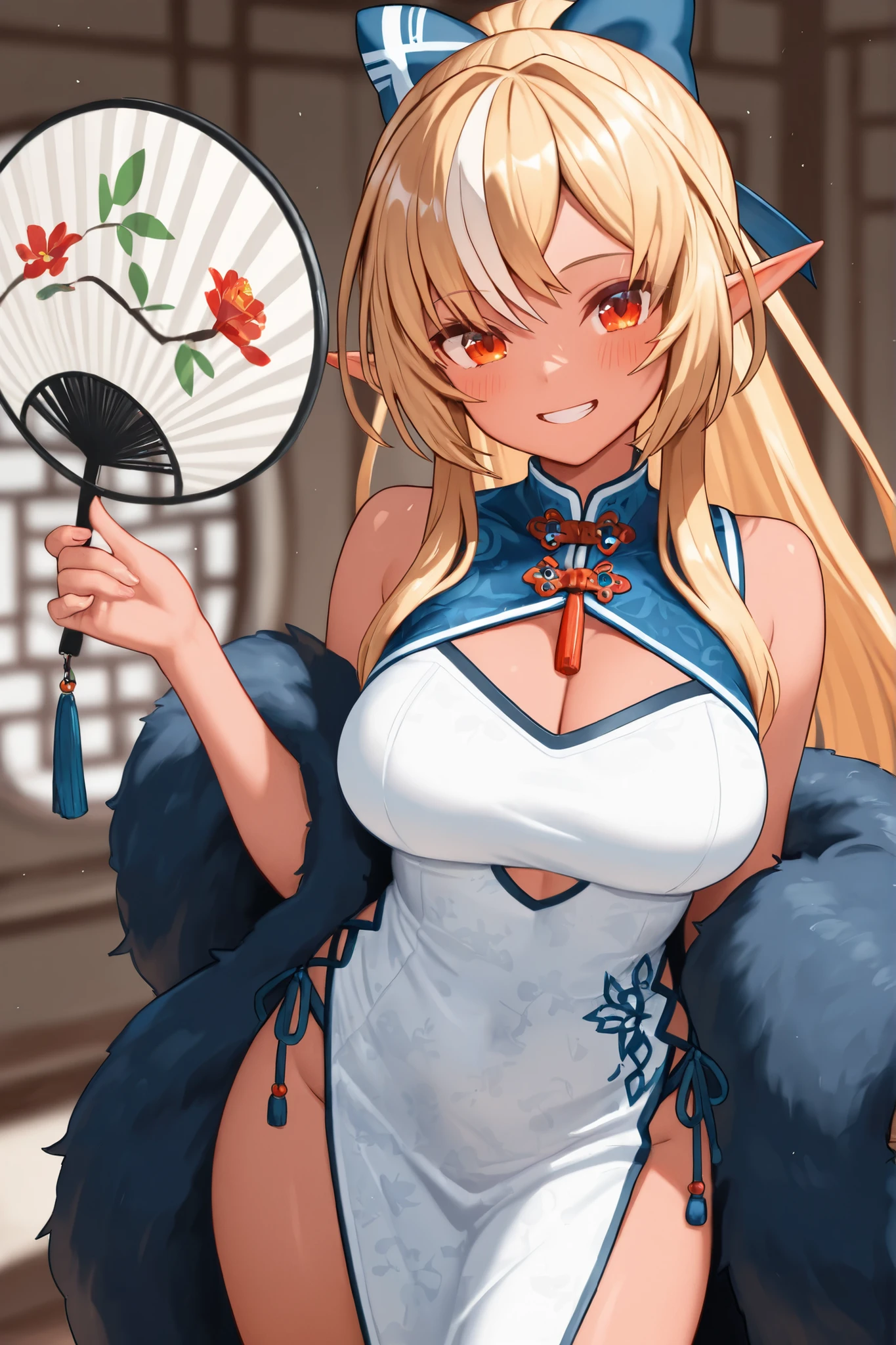 (masterpiece, best quality) detailed, Wearing white tights, silver accessories ,, Blonde ,elegant, Pointed ears ,Chinese element pattern,thigh,漏出thigh,White shirt,White pleated skirt,Large Breasts,Bikini