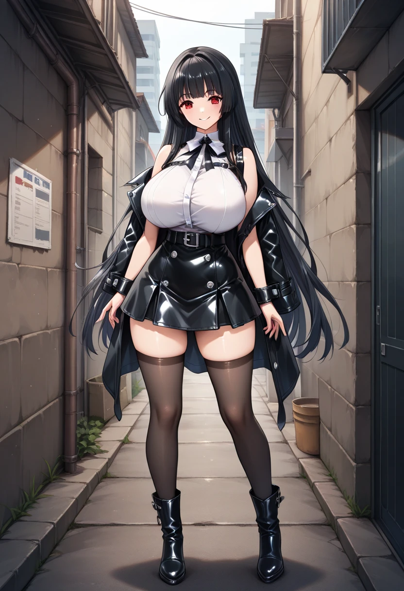 Dark gray translucent mecha，long black hair，wavy hairstyle，Huge breasts，Cleavage，Pistol hanging from waist，fighter pilot，fighter hangar，Sexy，Lipstick，Gray eyes，stockings，Short skirt，Smile，earrings，Nipples exposed，Full body，Big Ass，Full body mecha