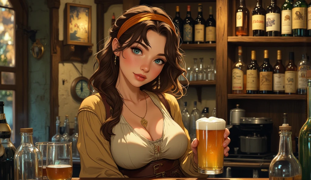   character Hermione Granger Sensual dynamic pose Gender Female Height 5&#39;11"
Peso
135 libras (61 kg)
Brown eyesWell-designed symmetrical breasts Cartoon style. DL style illustration drawing style clothes of German settler with beer in hands 