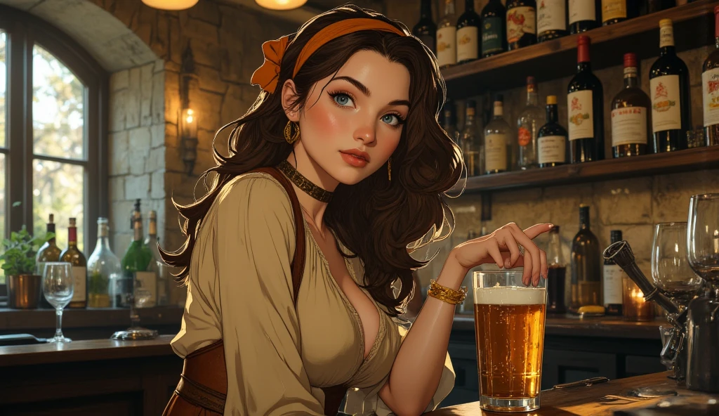 woman with short curly hair in cowboy outfit sitting at bar with beer, cowgirl, western cowgirl, cowgirl, female cowgirl, western clothing, cowboy style, western hall theme, saturday night in a saloon, dressed as a western sheriff, oldwest, wearing cowboy hat, wearing a cowboy hat, oldwest, female sheriff, in the oldwest, Wild West, western art, blunt bangs, hair behind ear, snowflake hair ornament, drunk, parted lips, smiley, reflection light, bloom, drop shadow, Fujicolor, motion lines, masterpiece, 16K