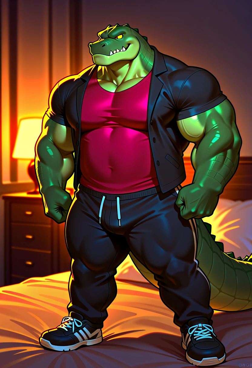 ((ultra realistic, masterpiece, cinematic lighting, extreme detail, realistic detailed scale, realistic shaders)), (dragon), with head and belly with green scales, arms and legs with black scales, antrum, pose, (smiling, beautiful), (detailed face, detailed eyes), front view, full body, (large pectorals), (top clothing), (underwear, large bulge), detailed background, tight underwear, large bulge, small dragon claws, detached bulge, dragon's tail, (venous muscles), erection inside underwear
