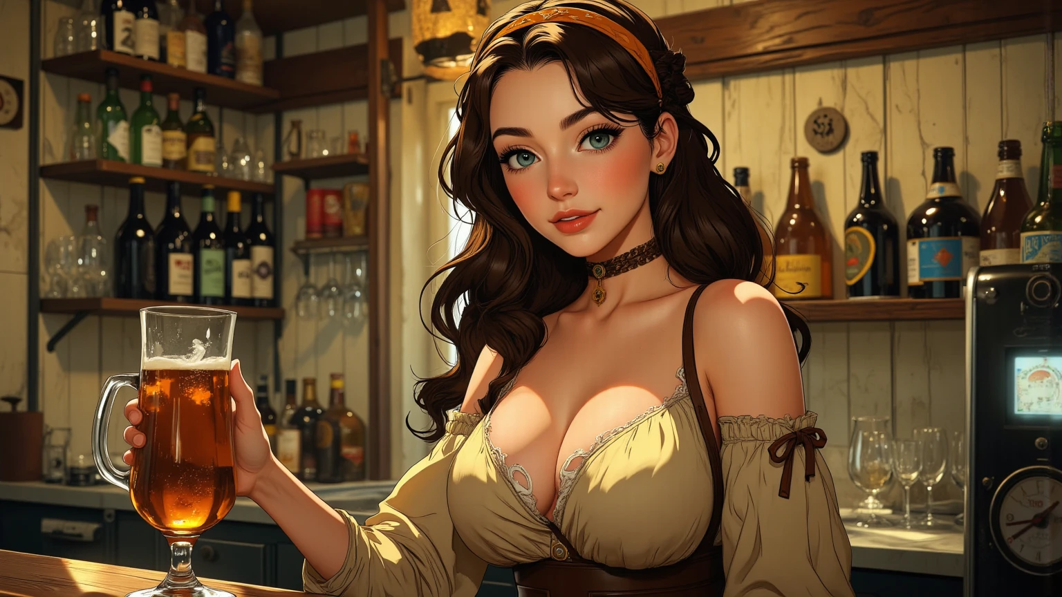solo, a young pirate woman from the early 18th century based on Gabbie, wearing pirate cloths, tricorne, breasts, cleavage, horny, smiling, black eyeliner, lip gloss, raised eyebrow, downblouse, loose t-shirt, leaning forward, nip slip, extended_downblouse, intricate background, fantasy, | (8k, RAW photo, best quality, masterpiece:1.2), ultra-detailed, (high detailed skin:1.2), 8k uhd, dslr, soft lighting, high quality, ((upper body:1)), (centered:1.2), ((LOOKING at the VIEWER)), asura, film grain, highly detailed shading, ((perfect_hands):1), Goodhands-beta2, Detailed eyes, perfect face, perfect eyes, Detailed face ((a manga drawing by Kentaro Miura)),