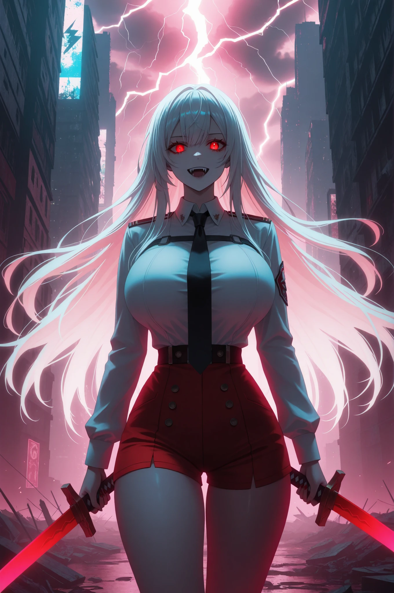 long white hair, vampire, glowing red eyes, uniform, white shirt, tie, red shorts, holding sword, 1girl, solo, vampire fangs, huge breasts, ruined futuristic city, dystopia, lightning storm, pink lighting, volumetric lighting, cinematic lighting, masterpiece, best quality, amazing quality, very aesthetic, absurdres, newest,