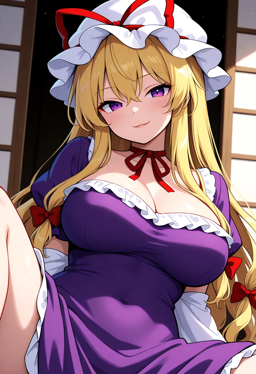 best quality, masterpiece, highres, solo, {yakumo_yukari_touhou:1.15}, blonde_hair, ribbon, hat, long_hair, mob_cap, hat_ribbon, red_ribbon, smile, white_headwear, bangs, bow, breasts, purple_eyes, hair_between_eyes, hair_bow, tabard, upper_body, large_breasts, very_long_hair, 1girl, cleavage, dress, frills, gloves, looking_at_viewer, puffy_sleeves, purple_dress, short_sleeves, white_gloves, choker, elbow_gloves, puffy_short_sleeves, blush, ribbon_choker, simple_background, white_background, open_mouth