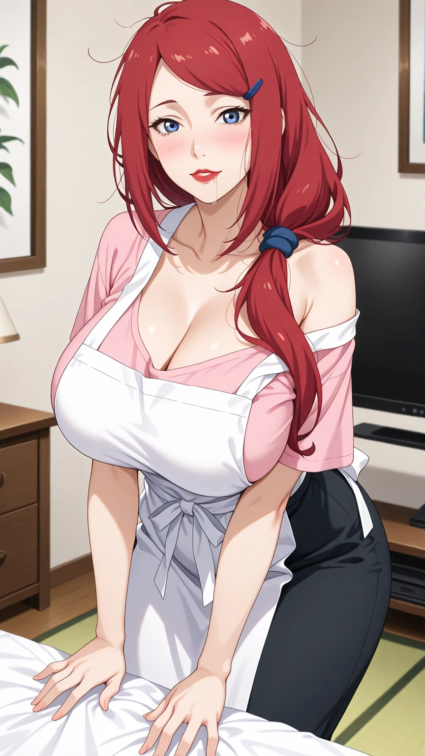 Uzumaki_Kushina, big_Breasts, thigh legs, deep cleavage, Acquaintance, Single, Masterpiece, Best quality, Detailed face, Detailed eyes, High accuracy, smiles, (Masterpiece:1.4, Best quality:1.2), (High accuracy), (detailed illustration), Very detailed, Konoha, Uzumaki_Kushina, Kushina white apron, full naked, big breasts, Acquaintance straight,