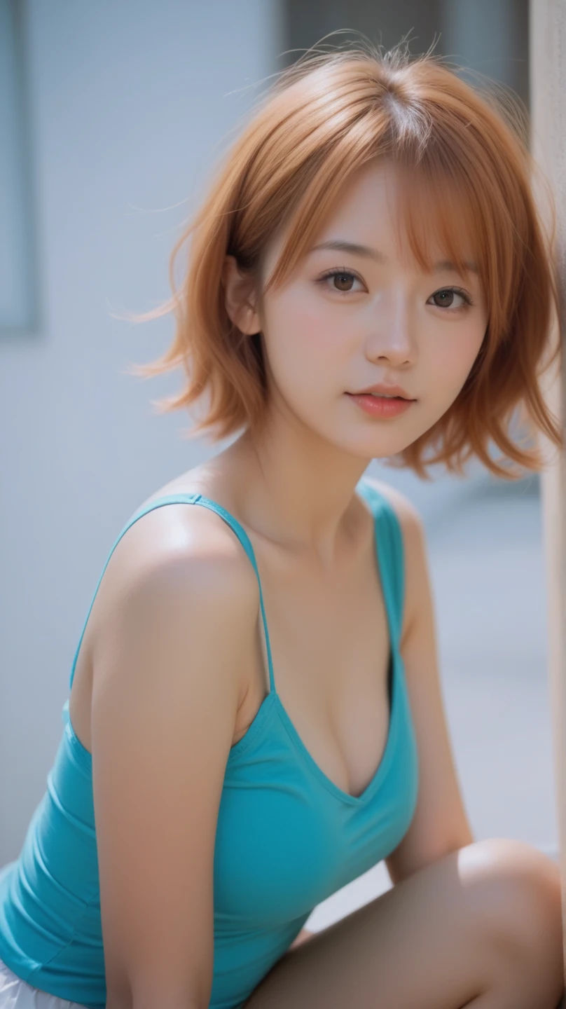 (highest quality, 32k, High resolution, masterpiece:1.5, ), fantastic silence, ((spring garden)), beautiful japanese woman, 16 years old, ((shiny red hair, Short bob hair swaying in the wind)), asymmetrical bangs, magical beautiful eyes, moist red eyes, Profile with a fleeting expression, smooth and soft skin, thin eyebrows, Clear double eyelids, natural makeup, pale pink lips, ((turquoise lace underwear, Cute underwear with a small fabric area)), Slender body with plump breasts, Detailed and perfect clavicle, High resolutionの美しい胸元, High resolutionの美しい太もも, Soft sunlight pouring down from the blue sky, professional lighting, professional photographer, professional model