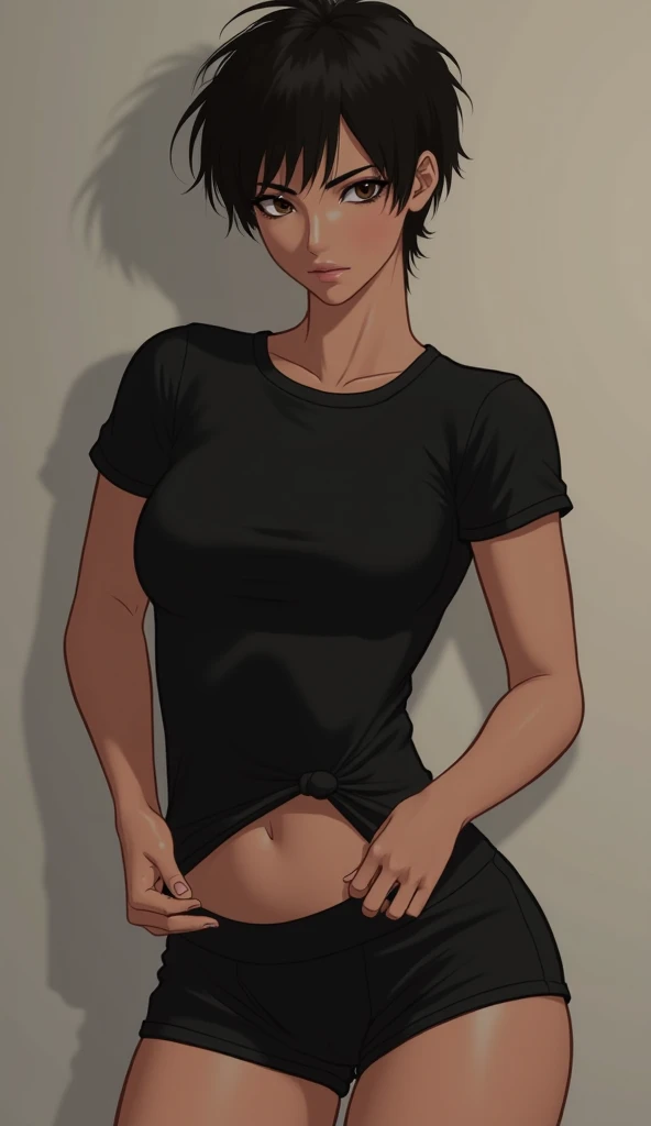 photo of mlp Meowko, RAW, beautiful woman, ((portrait)), ((detailed face:1.2)), ((anime face, anime facial feature, clear skin, glossy anime lips, clear skin), (short messy lesbian haircut, brunette: 1.55), (perfect proportioned body, Strong, muscular, narrow waist, narrow hips, skinny, large breasts), (she is wearing a tight long sleeve shirt, pokies, black leggings), (out in the woods, making a tent, camp tent), (realistic photo, best quality, detailed), (8k wallpaper), (cinematic lighting, beautiful light, (afternoon:1.3)) (sharp focus, intricate)