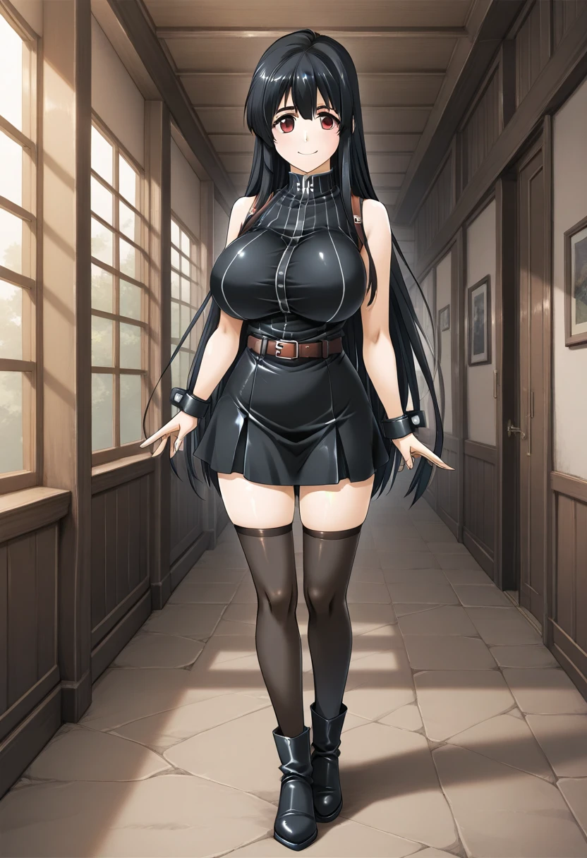 A woman wearing an orange dress, exposed shoulder, orange heels, orange gloves, black hair, long hair, white bangs, multicolored hair, yellow eyes, orange eyes, multicolored eyes, large breasts, a gray scarf around her neck, standing, in a luxury room, marble floor, white wall, luxury glass windows, smiling..UHD, masterpiece, accurate, anatomically correct, textured skin, super detail, high quality, best quality, 8k, high resolution, bokeh effect. (woman alone),