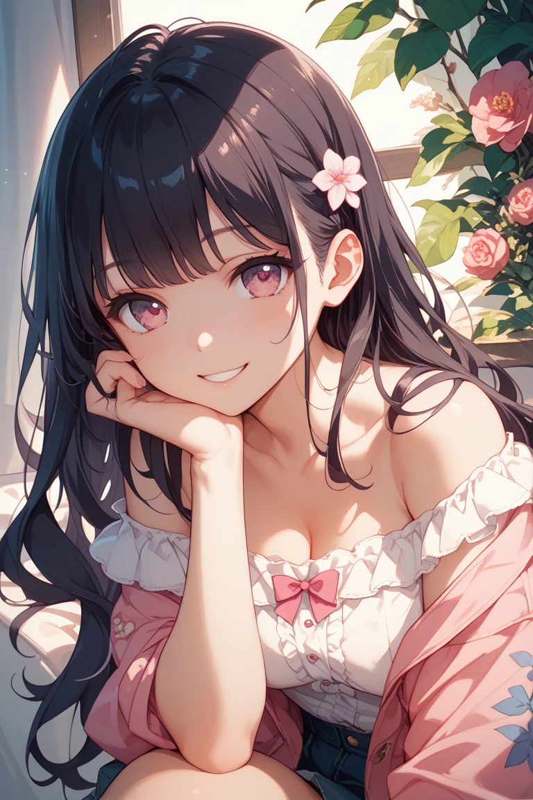 And soul、Stickers、1 beautiful girl、a bit、(((Baby Face、Baby Face、Baby Face、Ultra close-up photo of super flat chest、Pink pajamaainly depicts super flat chest、M-shaped feet、A compassionate smile、Ultra-flat breasts)))、blush、Sleeping together、short hair、White bra、Ultra-flat breastsの乳首