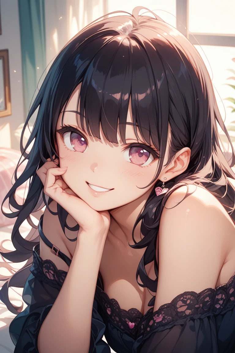 looking at viewer,looking up,from above,upper body,1girl,lick,finger to mouth,Beautiful 14 year old girl,Japanese,Slender,,low length,Small breasts,Baby Face,Small face,Black Hair,one side up,Gray Eyes,slit pupils,Drooping eyes,middle School girls,Sheer black and pink negligee,lingerie,first round,open mouth,tongue out,front face,Straight Stand,Beautiful and detailed anime art,Mischievous smile,Sexy vibe,cum on tongue,Dimly lit room,On the bed,Simple Background,Gray background,Low lighting