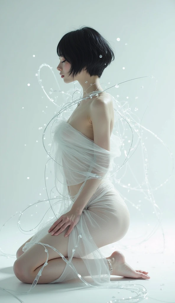 one girl tied up by another one with rope,(bright lighting,romantic setting),dreamy background,bondage,dark hair, mesmerizing gaze, , soft skin, alluring beauty, artistic portrait, high-quality image, vibrant colors, long silk gown, dressing room, (cocoon:1.2)