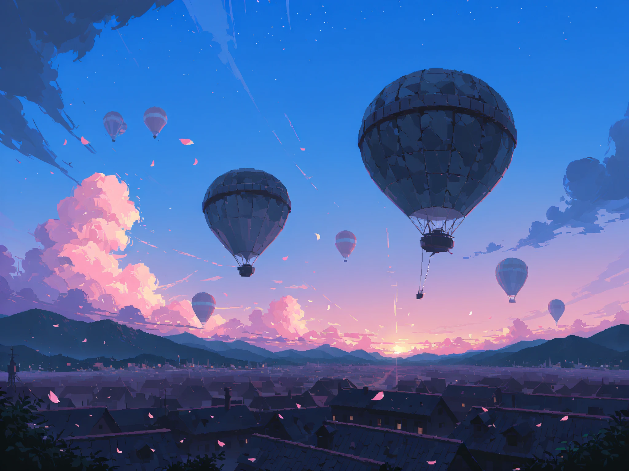 wide shot, stone city, air balloons, dawn, beautiful sky, (petal:1.3), pixel art,