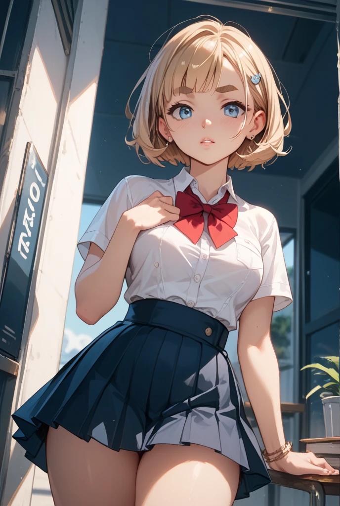 Highest image quality、8K quality、masterpiece、(girl are standing:1.3)、(big breasts compressed with clothes:1.2)、Whitening skin、、school, in classroom,(A tight pure white shirt that completely covers her round breasts:1.2)、red Ribbon Tie、black skirt、(The upper body is hidden by the shirt and no skin is visible.:1.2)、(slim waist:1.2)、fullbody view、Skirtliftv1、(Beautiful butt:1.4), ,((short golden hair)),(golden eyes), Rose cheeks, Pretty Face, A perfectly proportioned face