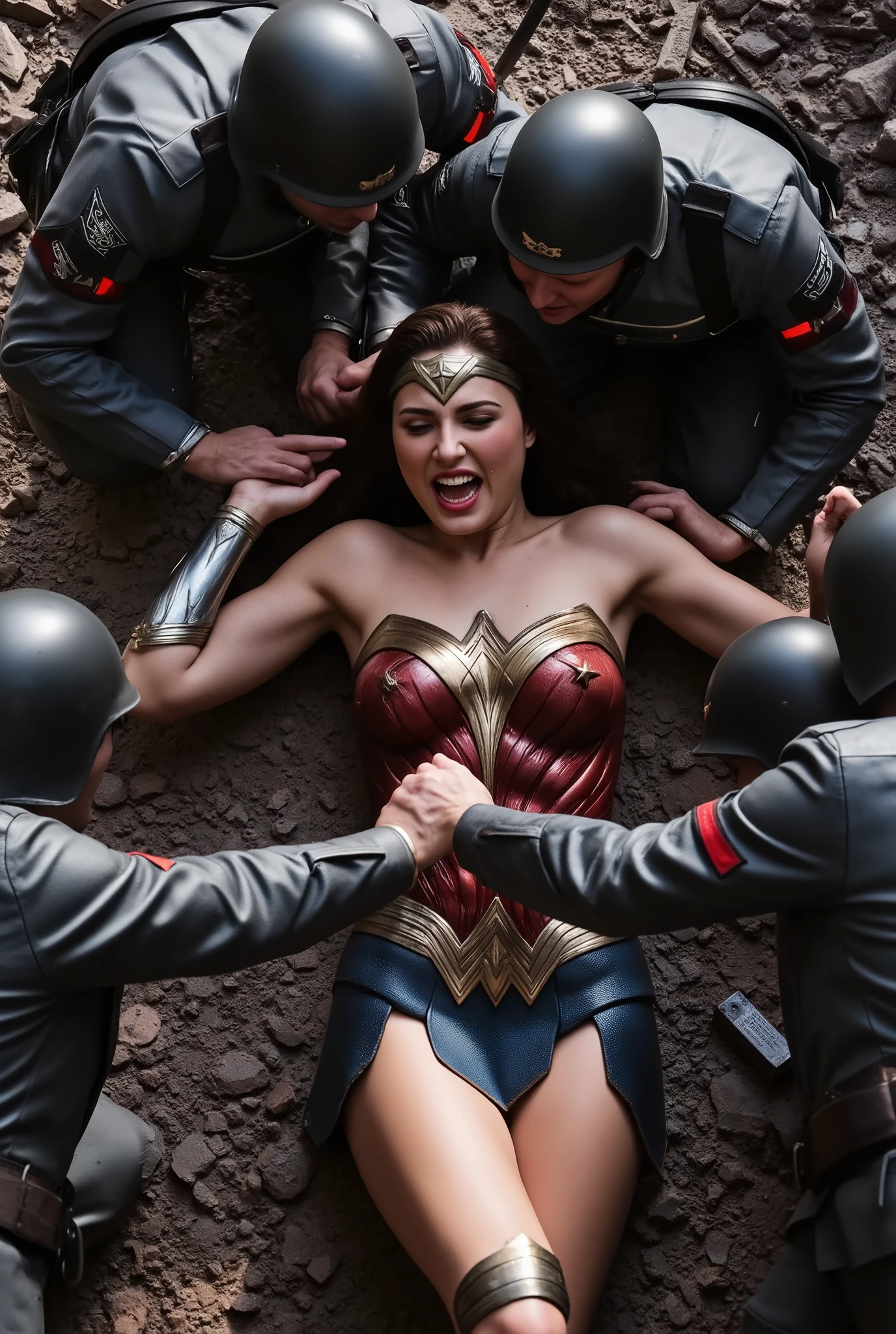 Wonder Woman tortured in war zone, trapped, (crowded), (ten army in background try to tied her), tied up, Wonder Woman Costume, Restrained, BDSM, (soldiers whipping), angle from above, (dress up) , unnaked, (ropes all over body), (angry eyebrow),