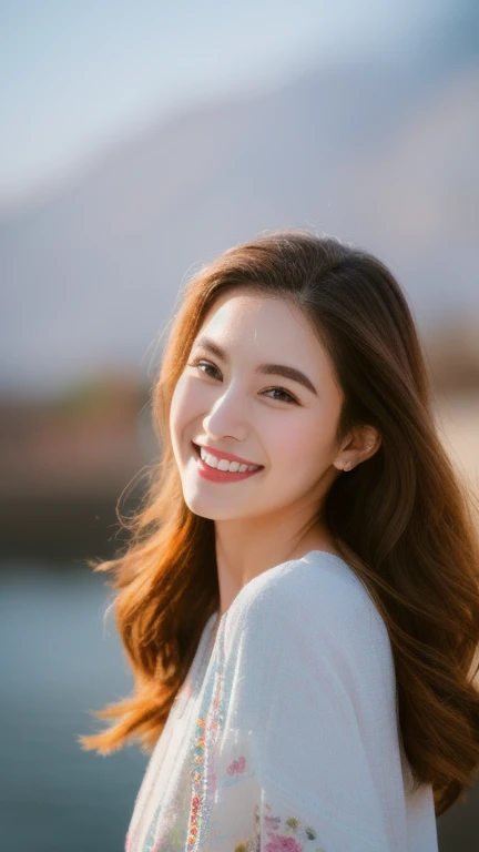 (top-quality:1.1)、(Photorealsitic:1.1)、(a picture:1.1)、(ighly detailed:1.1)、viewer、armlet、Jade Bracelet、Jade Earrings、Eye lashes、Toothless smile、a beautiful detailed girl、(ighly detailedな目と顔)、(lighting on the face)、jade necklace、Summer Uniforms、(独奏:1.5)、(shores、Palm trees)、(Skin glowing in the light of the setting sun)、see -through、Light brown eyes、(((Hair fluttering in strong winds)))、((Anatomically perfectly balanced style))、Cute poses、sexypose、body like big blue eyes、red brown hair