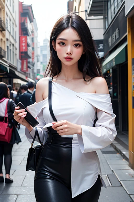 A young woman walking through a crowd、She is wearing an elegant white dress。The dress has long sleeves、A deep V-neck is characteristic.。Her hair is short、It is tied above the ear、The gold earrings add a shining accent.。The woman looks ahead with a confident expression.。

Her figure is slim、The dress beautifully accentuates the silhouette.。Holding a black bag in her hand、It gives a sophisticated impression to the overall outfit.。Many people in the background々is walking、It looks like an office building entrance or a public facility.。There are businessmen in suits around、person in casual clothes々I can see、It depicts a scene from a busy city life.。

Overall、The scene exudes a modern and professional feel.。
