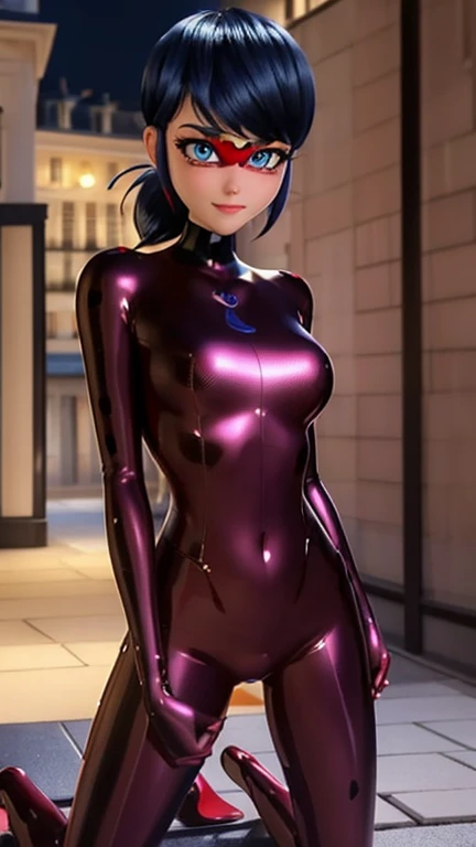 Complete very shiny purple latex short skirt, big round breasts, wide hips,