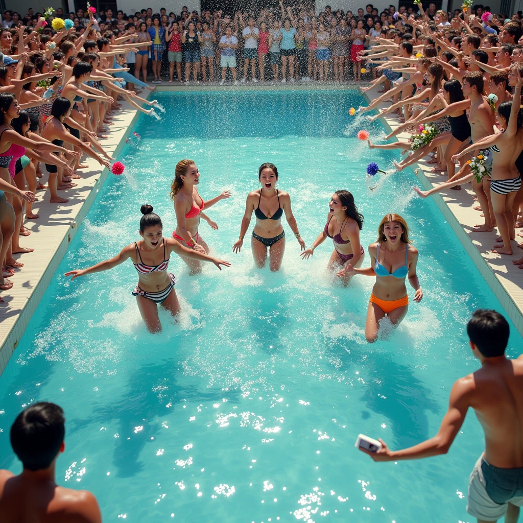 group of italian giels, beating a boy with sticks, holding his head under water