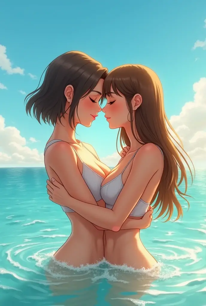 Anime couple in bikini, anime style 4 K, anime wallpaper 4 K, anime wallpaper 8 K, 4K anime wallpaper, anime art wallpaper 4 K, anime art wallpaper 4K, 4K manga wallpaper, Gwaitz, Los Tran and Makoto Shinkai style artwork, female and female couples hugging each other as the starry sky sparkles, (kiss:1.5), (huge breasts:1.5), Capture the moment of exchanging kisses. The scene is depicted in an anime-inspired style, meticulously drawn in every detail and presented in 16k high resolution. The lighting is fantastic, with the intersection of starlight and moonlight, softly illuminating the couple. The colors take advantage of the contrast between the vivid colors of the bikini and the deep blue and white of the starry sky. near nthe shore, isolated shore, light of a town far away in the horizon, For compositions, use a medium telephoto lens and make sure the couple is centered on the screen. , shooting stars, detailed facial details (no bra:1.5), (bare chested:1.5)