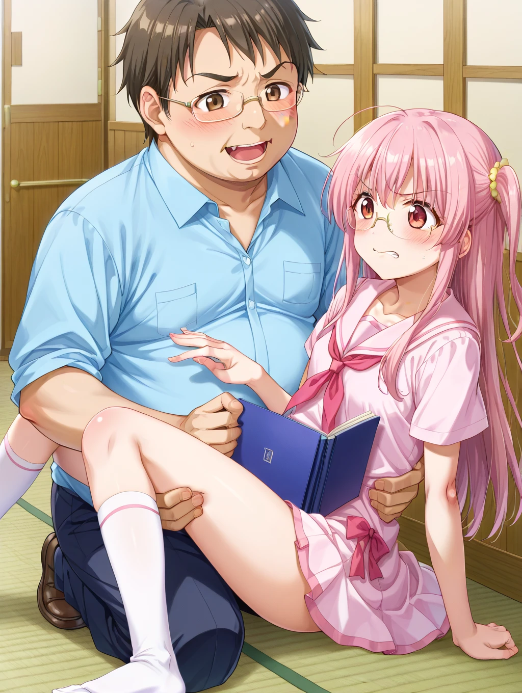 score_9, score_8_up,score_7_up, score_6_up,source_anime, BREAK uncensored, official art, official style,1girl ,misaka_mikoto , short hair, brown hair, hair ornament, hair flower, brown eyes, red collar , tokiwadai_school_uniform ,cutest girl in the world , rating_explicit, perfect anatomy, anatomically correct hands:1.3, BREAK source_anime,(ultra HD quality details),indoors,bedroom ,tears, cry ,frown, ecstasy , orgasm , pleasant feeling , blush , vaginal,sex , satisfying, spooning, spread legs, open legs , lying on side, French kiss ,drool , rating_explicit, perfect anatomy, anatomically correct hands:1.3,rating_explicit,1boy,fat man, ugly man,50yo,middle aged man , riding cock, huge cock, muscular cock, wide cock, fat cock , used tissue , used condom