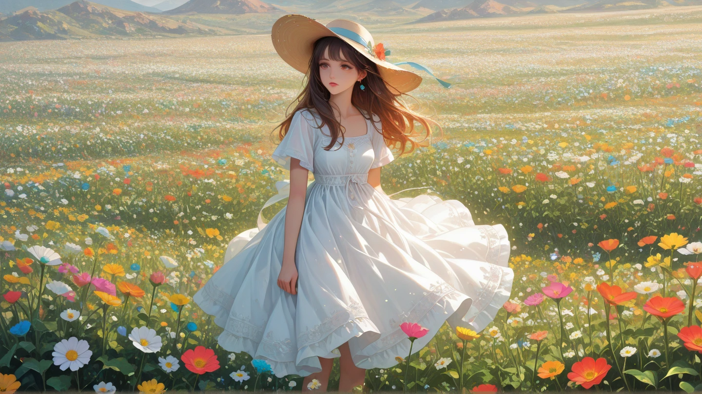 Girl in daisies, field of daisies, sun, blue olaka --auto --s2