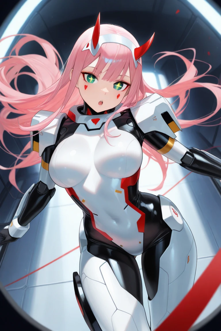 masterpiece, best quality, highres, cczero2, long hair, horns, hairband, white bodysuit, pilot suit, gloves, standing, cowboy shot