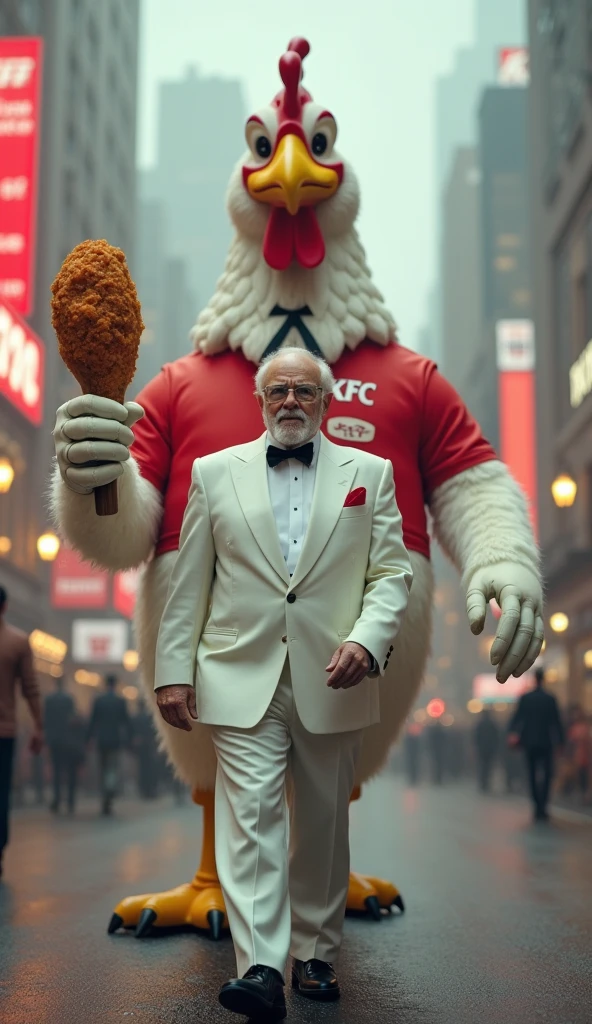 Draw daddy yankee kissing colonel sanders, while maluma cries in the background and there is a fried chicken dancing