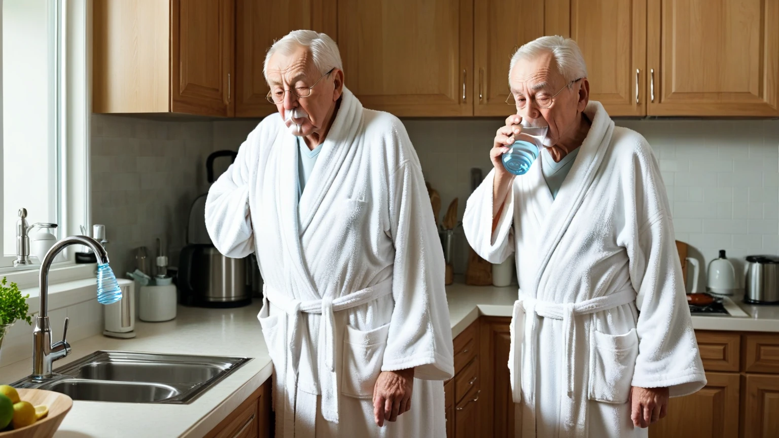 Batman, wearing only a mask, sits in front of a skinny old man named Alfred and gives him a blowjob in the shower.