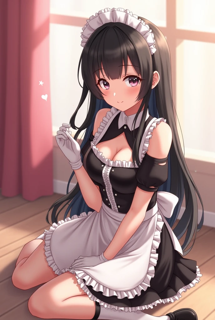 1girl, aster nemesis, dark-skinned female, black hair, very long hair, yellow eyes, flat chest , twin tails, looking at viewer, , , tanned body,open mouth,tongue, ,,,,smile,,(spoken heart),(((maid costume))),miniskirt,thighhighs,,mansion,(((small penis,handjob))),