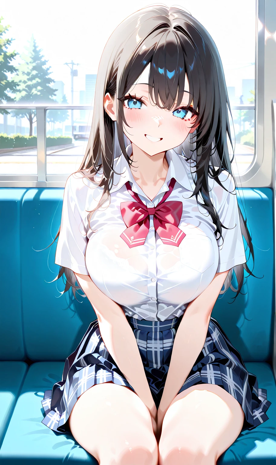 NSFW,4K,Gal:1.3,Anatomically correct,school uniform:1.3,A pure and innocent girl, Very cute face, Like an idol, (masterpiece:1.2), (high quality), panties, loose socks, Hip, Blue Skirt, alone, Blazer Type, loose socks, Lifting clothes, Brown eyes, pure gaze, mini skirt, Lift yourself up, Check skirt, blush,((Mid-chest)), (Sweating profusely), Long Hair, physical education, Beautiful legs, ((in the train))
