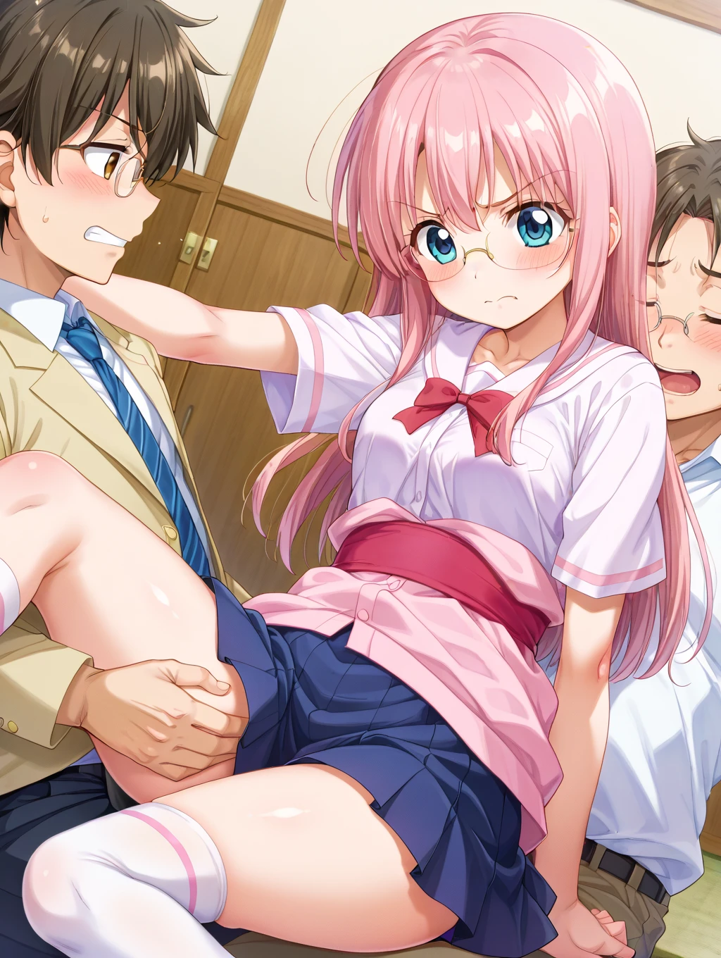 1boy, 1girl, abs, (ass grab), ((full naked)), blush, breasts, doggystyle,  hetero, , table, sex, indoors, lens flare, windows, smile, hanging motion lines,curvy,nude,hanging breasts, miyako shikimori, long hair, blue eyes, hair between eyes, pink hair,
