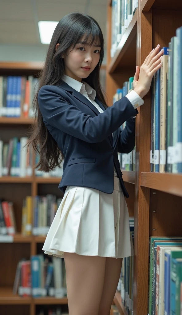(8k, RAW Photos, Realistic: 1.25), masterpiece, highest quality, Ultra HD, Very beautiful and elegant Japanese woman, 15 years old, i always wear glasses, Beautiful black hair, Beautiful Skin, Detailed and beautiful eyes, Slim body, Realisticで詳細な日本の高校の制服, Navy Pleated Skirt,Realistic and detailed school library, Reading a book in the library, Random Pause, Perfect Anatomy
