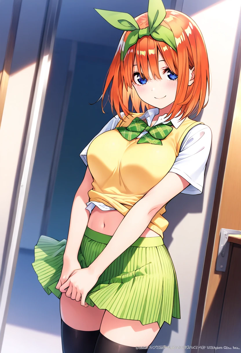 1girl,alone,yotsuba nakano,masterpiece,detailed,looking at viewer,best quality,high resolution,good lighting,Dynamic posture,curvy body,short hair,orange hair,hairband,green ribbon,headband,green bow, collared shirt, vest, yellow sweater, short sleeves, green skirt, green pleated skirt, short skirt, white calf-length dresses, peace sign, smile, ((1girl)),((only)), outdoors ,Japanese park,cherry blossom trees,lake,big breasts,medium waist,wide hips,medium thighs,round butt,standing,looking back,from behind,,focus on butt,pov(from below),perfect anatomy perfect hands