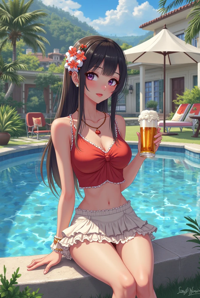 High resolution, high quality, One girl, Anime Girls, dark brown hair,long hair,twintails,dark brown eyes,heart shaped pupils, Large Breasts,beautiful breasts,pointy breasts,long nipples, (Big Ass),beautiful ass,sweat,wet,ahegao,sweat,wet,open legs,Groin tattoo,glowing tattoo,Tank Top,pink highleg cheerleader,lower body,open legs,cherryblossom,at cafe,(lemon juice),(orange juice),(Pineapple juice),(Mango juice),(water),