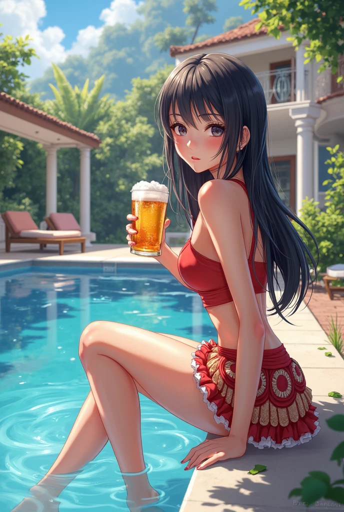 (Very detailed, 最high quality, Anatomically perfect body),High resolution, high quality, One girl, Anime Girls,Brown long hair, Brown eyes, Green glasses,heart shaped pupils,Sunburned skin, Large Breasts,beautiful breasts,pointy breasts,(Big Ass),beautiful ass,Embarrassed,Tank Top,jeans,lower body,sweat,wet,sitting,(open legs),cherryblossom,at cafe,(ice tea),(water),