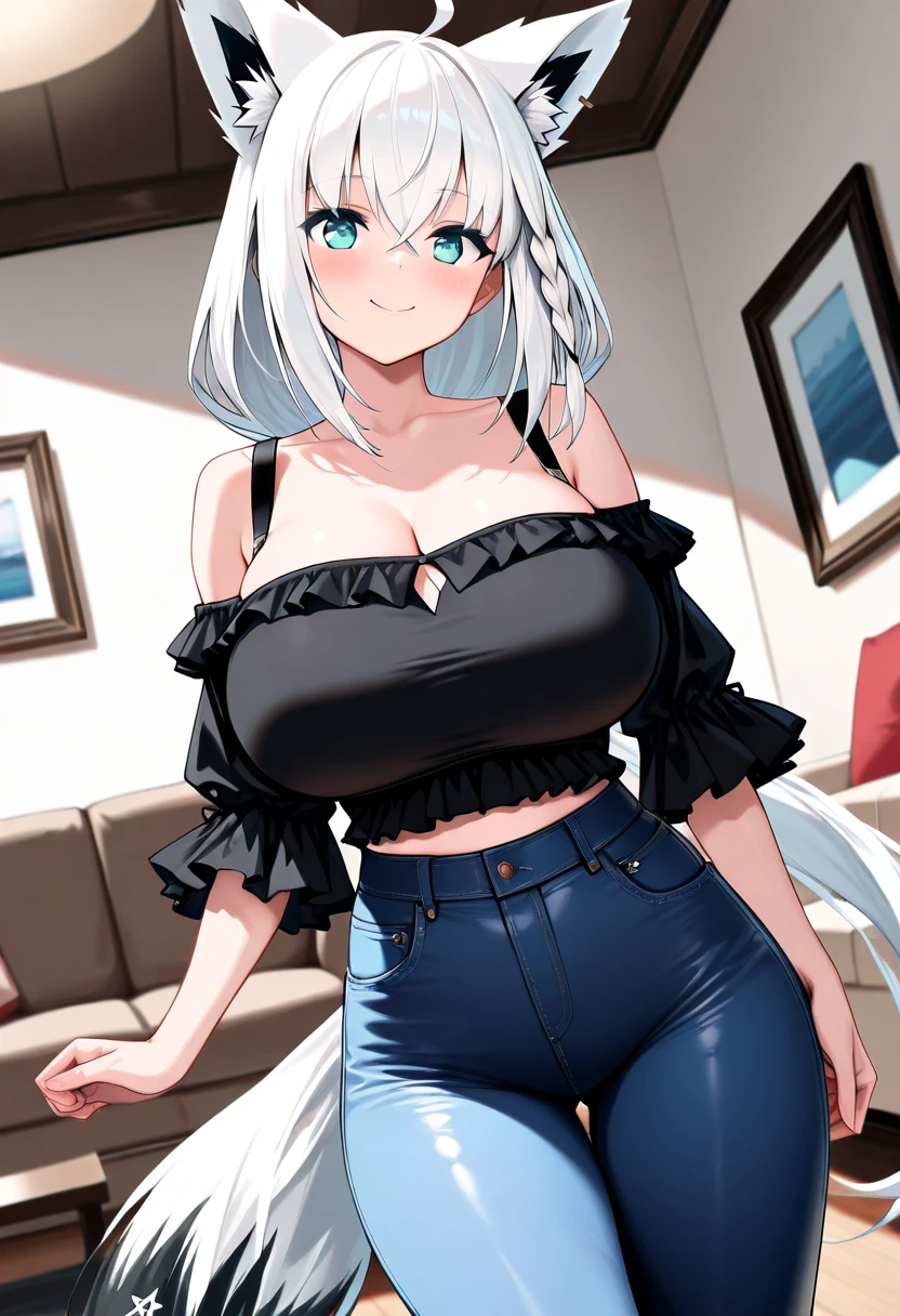 (long hair), (wavy curly hair), ((((white hair)))), (perfect eyes), (huge chest), (((gigantic breasts))), (wide hips), (thick hips), (thick thighs), ((blue cyan eyes)), casual clothes, (((white shirt))), shorts jeans, big lips, eyeliners, ((full makeup)), smirk