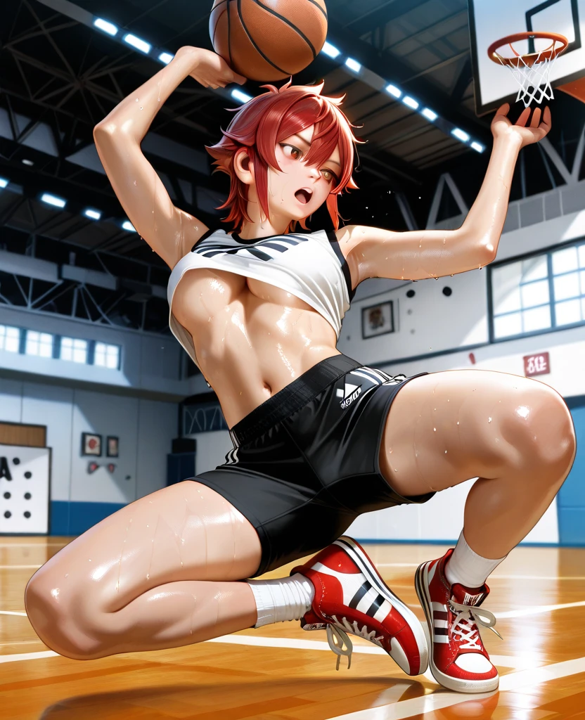 masterpiece, best quality, ultra detailed, ultra high resolution, very detailed face, solo, ((anime)), ((16 years old japanese girl)), (((tanktop, bikini))), (((crimson bob hair))), (((six pack abs:1.25))), (((medium breast))), ((serious face)), on the boxing ring