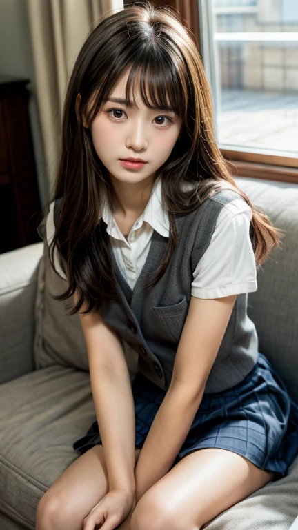 Best Quality, Face Focus, Soft light, 超A high resolution, (Photorealistic:1.4), Raw photo, 1日本人の女の子, Solo, Cute, (collofull eyes, Light in the eyes), Detailed beautiful face, (Small chest),(High resolution details of human skin texture), (Long hair), Sit on the sofa, School uniform, Charcoal Vest, Skirt, (upper thigh)
information