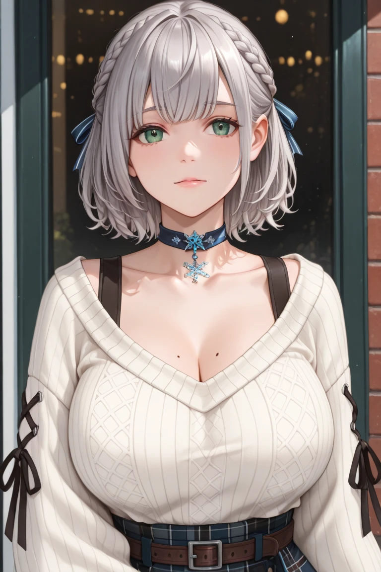 masterpiece, best quality, absurdres, perfect antomy, standing, indoors, cowboy shot, smile, Noel, NoelCasual, brown skirt, plaid skirt, off-shoulder sweater, white sweater, collarbone, bra straps