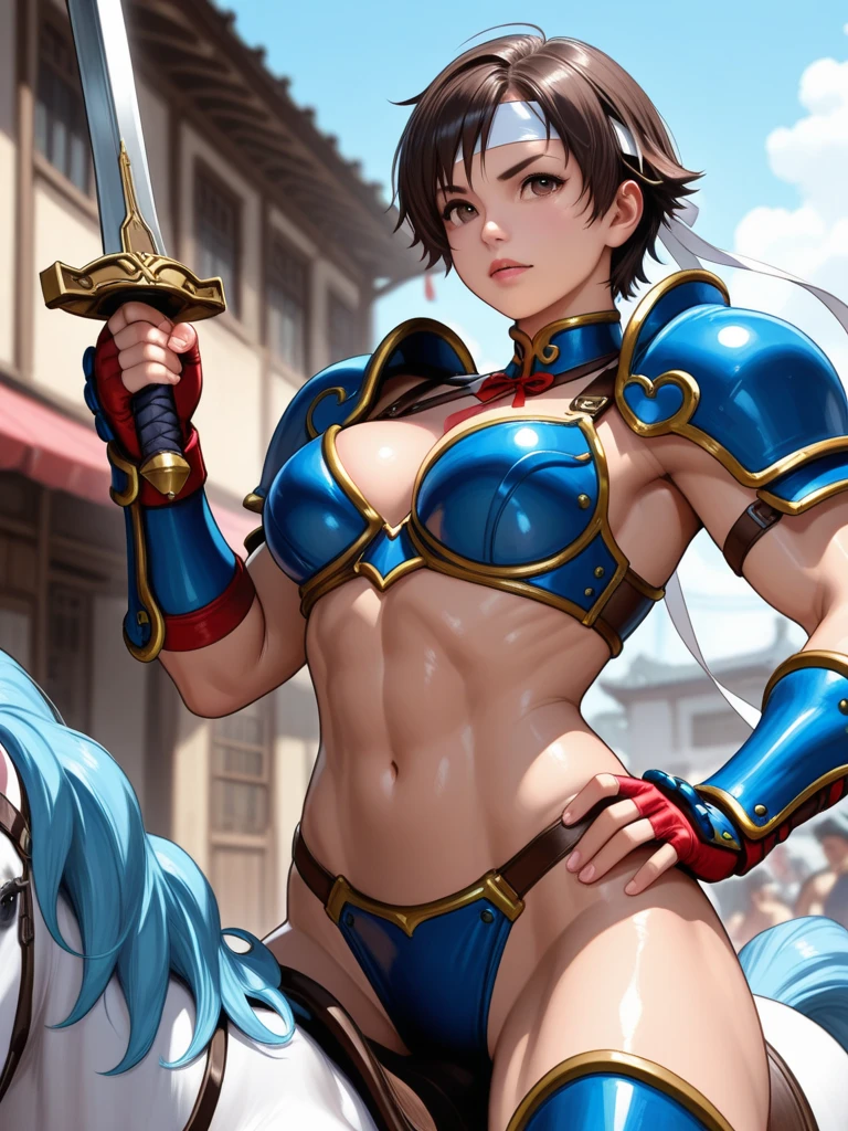 (Photorealistic:1.8, highest quality:1.8,8K masterpiece:1.8,High resolution,Mastepiece:1.8,RAW Photos,Cinematic lighting),No split screen、wilderness、battlefield、A cyborg woman riding a horse and holding a weapon、Armored Horse、Armored Horse、
(Real skin texture:1.3)、(choker、Metallic armored hair accessory、Knee-high long boots、High leg bloomers、Sexy breastplate that shows the underside of the breasts)、(Underboob)、cameltoe、Beautiful thighs、Plump nipples、(Mechanical Art: 1.4)、(Mechanical Limbs)、(Mechanical spine attached to the back)、(Mechanical cervical vertebrae attached to the neck)、Metallic Mask、Beautiful expression、Beautiful Face、 Spider body painting on stomach、(Shortcuts、Beautiful, shining red, yellow, blue, white, black, gray, silver, and gold hair:1.5)、Detailed blue eyes、Beautiful shiny red lips、(Dismissive、Stoic、Condescending)、Random Pause