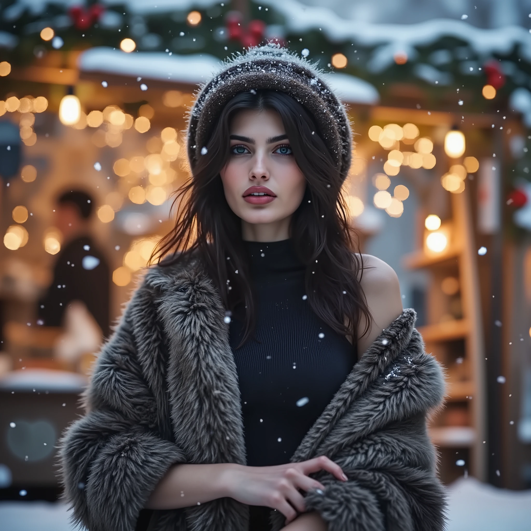 woman with long hair and detailed dark eyes, wearing a fur coat and a fur hat, outside, christmas fair with lot's of decorations and christmas lights in the background, heavy snowing,