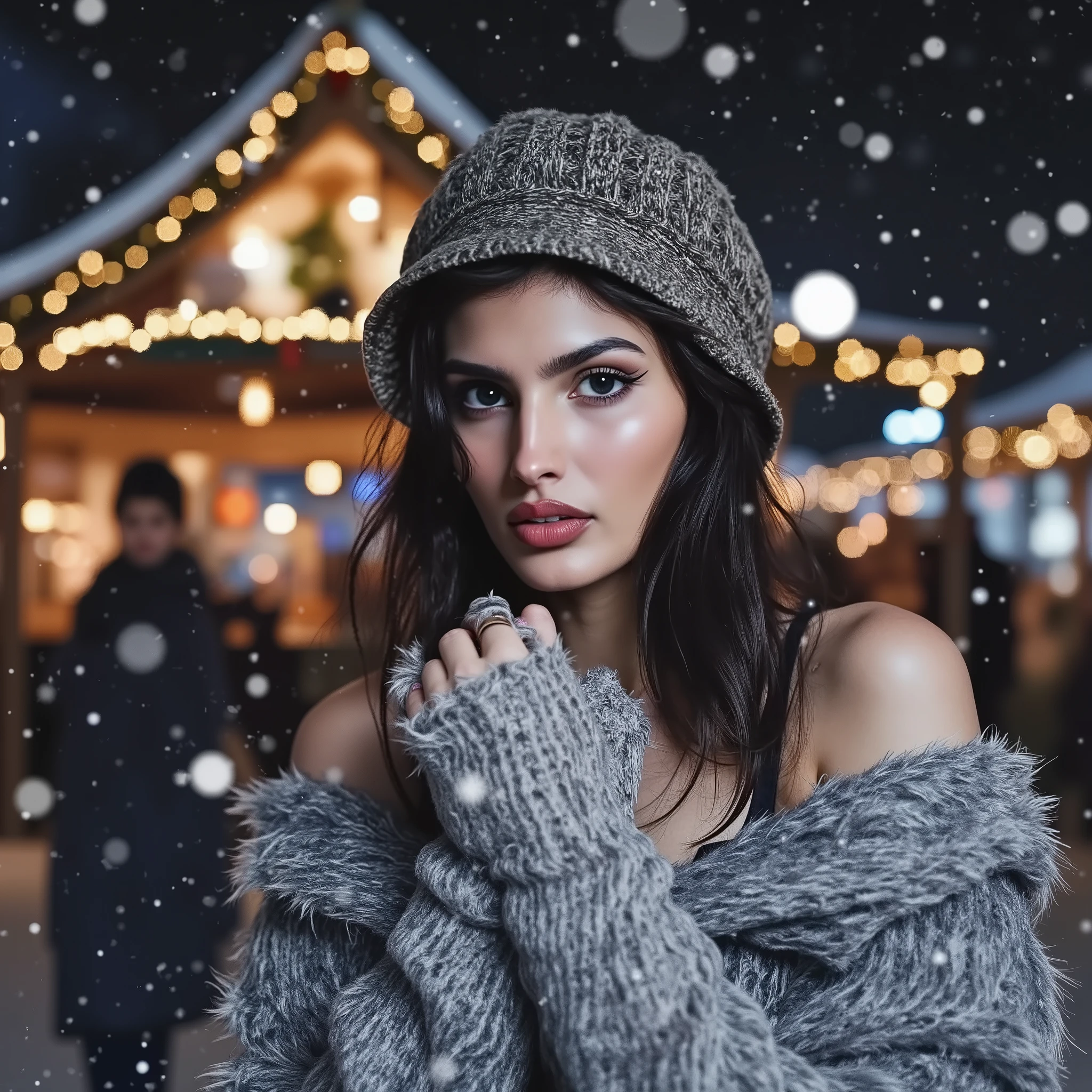 woman with long hair and detailed dark eyes, wearing a fur coat and a fur hat, outside, christmas fair with lot's of decorations and christmas lights in the background, heavy snowing,