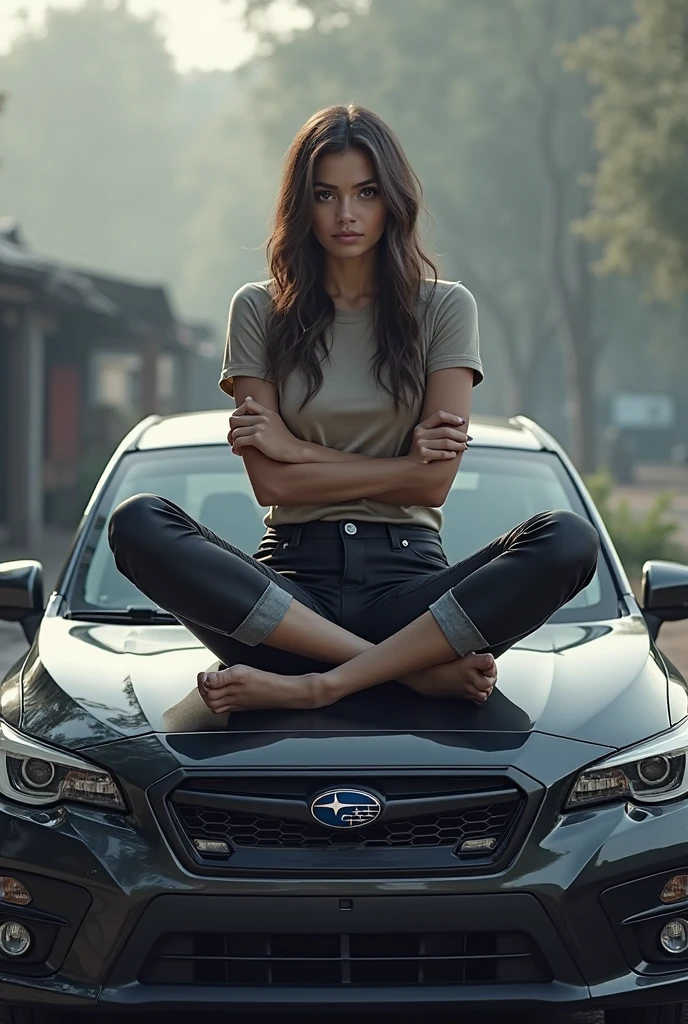 a woman sitting on the hood of the car