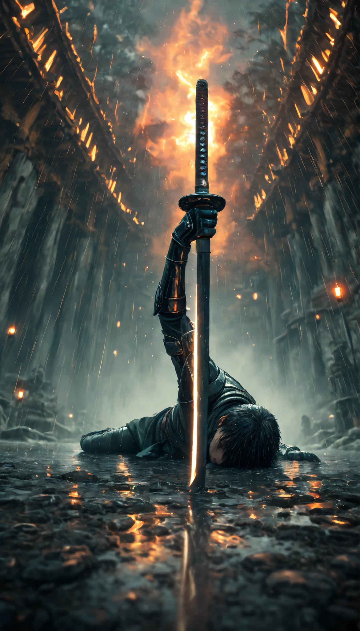 Close-up of a sword wielded by a samurai , face out of focus, Detailed sword with edge and ornament.., sword held in one hand, Image taken from below reflecting the light of the metal sword..((from behind)),1 thousand,in the image you can see the hand the swords and a landscape of a forest with a river,imagen tomada desde abajo en la cintura a la altura del culo from behind,2 samurais,showdown,perspective,Samurai duel,heavy rain,temple burning in the background, depth of field, high definition image, a lot of details,cinematic lighting, atmospheric lights, ultra detailed, bloom, dramatic atmosphere, centered, rule of thirds, f/1.4, 6 mm, high angle photo,lying on the ground,Last sigh,End of combat,calm after the battle