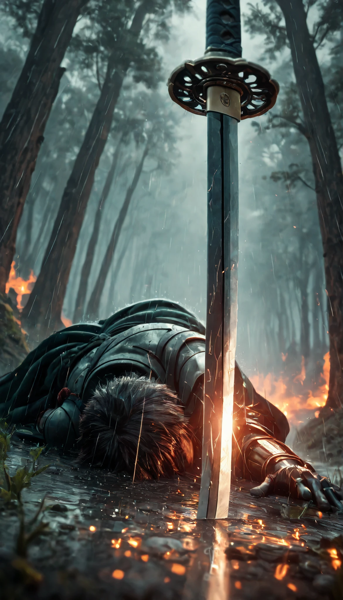 Close-up of a sword wielded by a samurai , face out of focus, Detailed sword with edge and ornament.., sword held in one hand,  Image taken from below reflecting the light of the metal sword..((from behind)),1 thousand,in the image you can see the hand the swords and a landscape of a forest with a river,imagen tomada desde abajo en la cintura a la altura del culo from behind,2 samurais,showdown,perspective,Samurai duel,heavy rain,temple burning in the background, depth of field, high definition image, a lot of details,cinematic lighting, atmospheric lights,  ultra detailed, bloom, dramatic atmosphere, centered, rule of thirds, f/1.4, 6 mm, high angle photo,lying on the ground,Last sigh,End of combat,calm after the battle