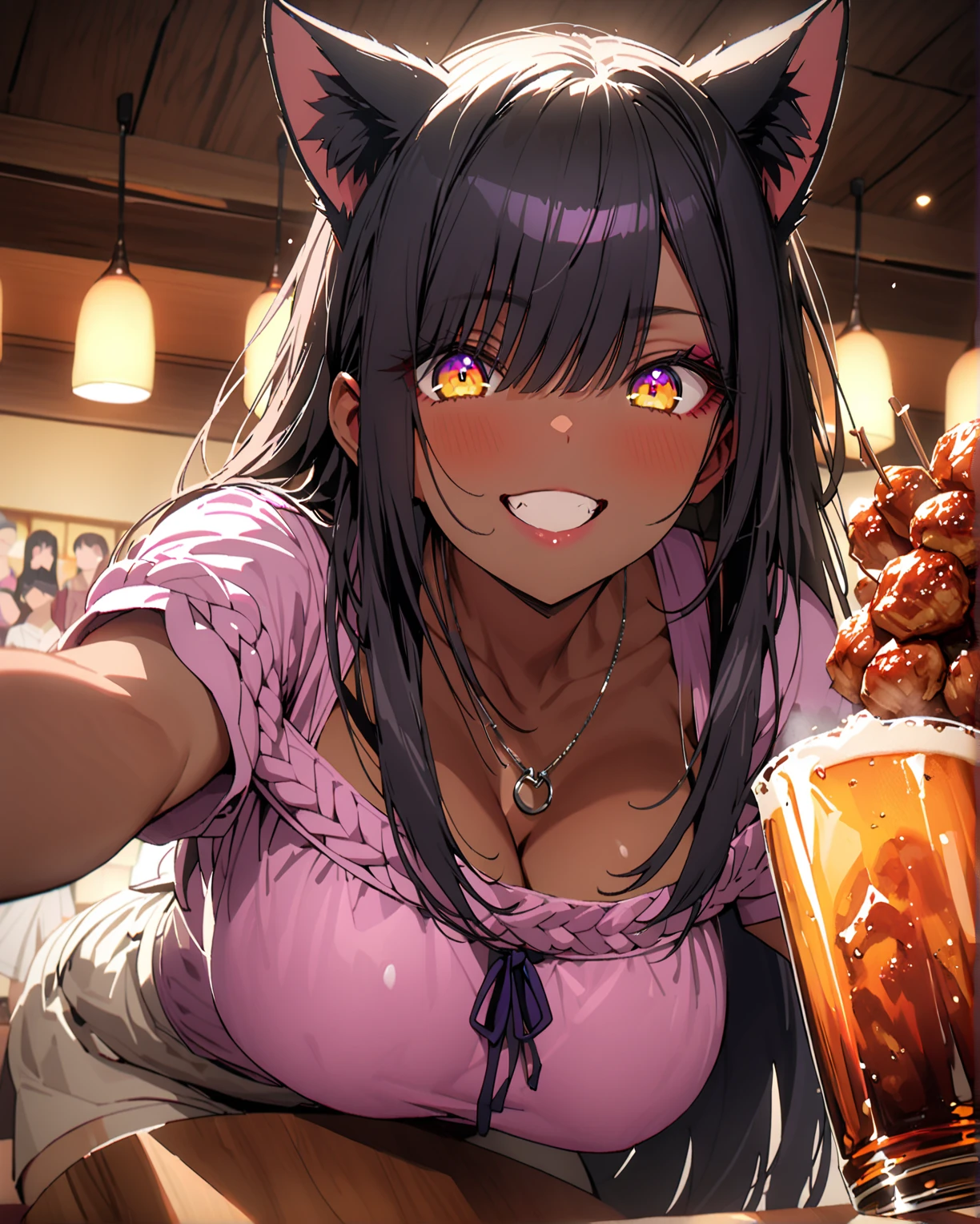 aairis,brown eyes,very long hair,big hair,two side up,hair ornament,dark skin:1.4,NSFW, nude, holding a beer, nsfw, (best quality:1.4), masterpiece, house, party, closeup shot, drunk girl, perky breasts, indoors, sitting on couch, holding a beer ,